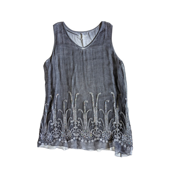 Soft Surroundings Silk Romance Top Embroidered Shoreline Grey Tunic Blouse Tank - Picture 2 of 5